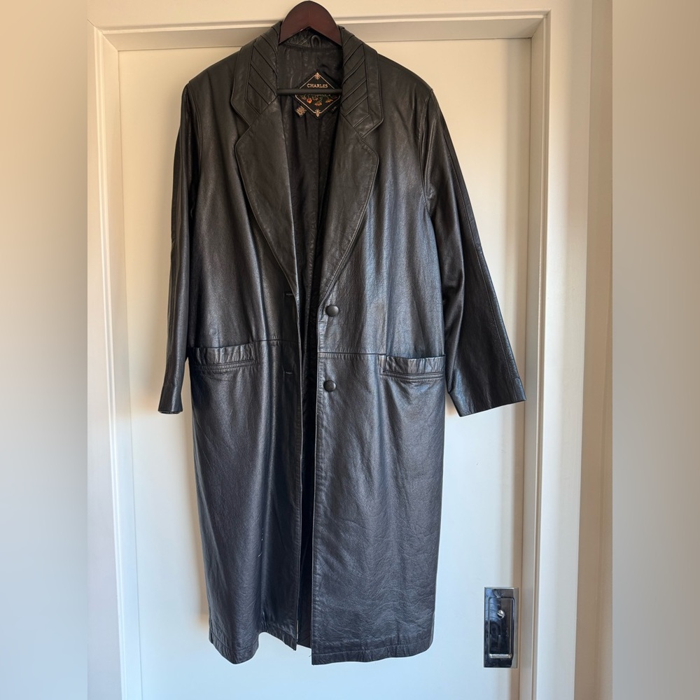 Vintage Classic Black Leather Long Coat